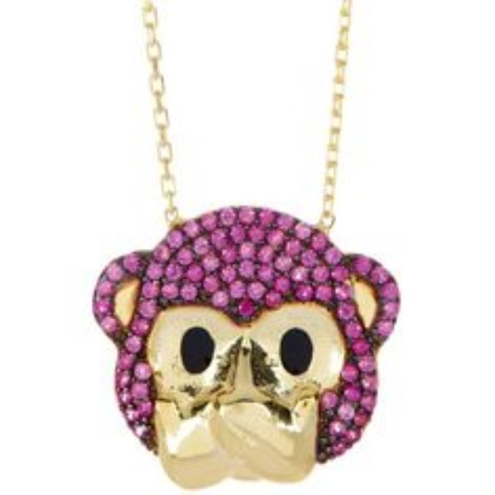 FREE Gabi Rielle Pink Rhinstones Sparkly Glam Cute Monkey Speak No Evil Necklace - Picture 4 of 9